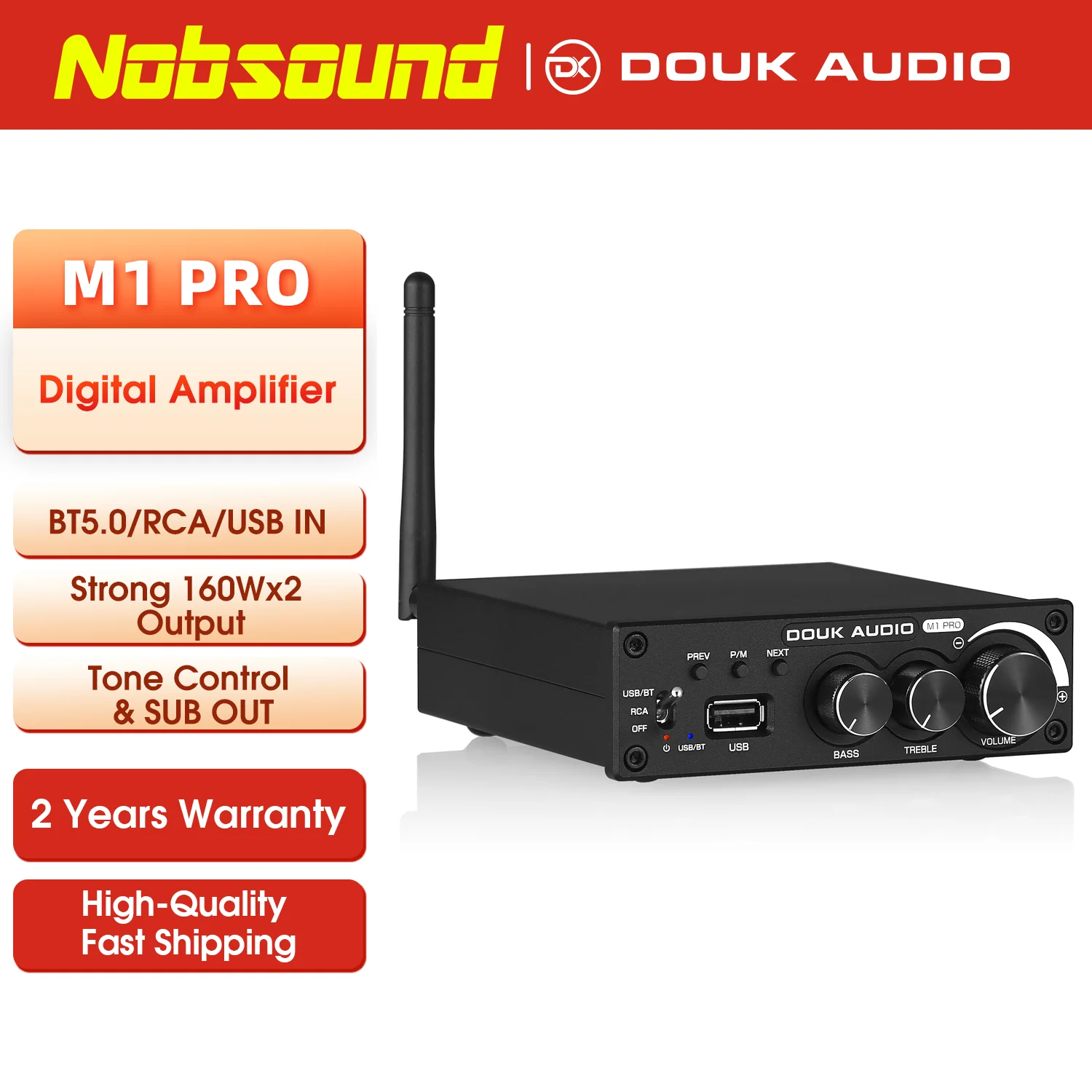 Nobsound M1PRO Bluetooth 5.0 전력 증폭기 320W 스테레오 2.0 채널 서브 우퍼 앰프 고음 저음 조정 USB 무손실 음악 플레이어