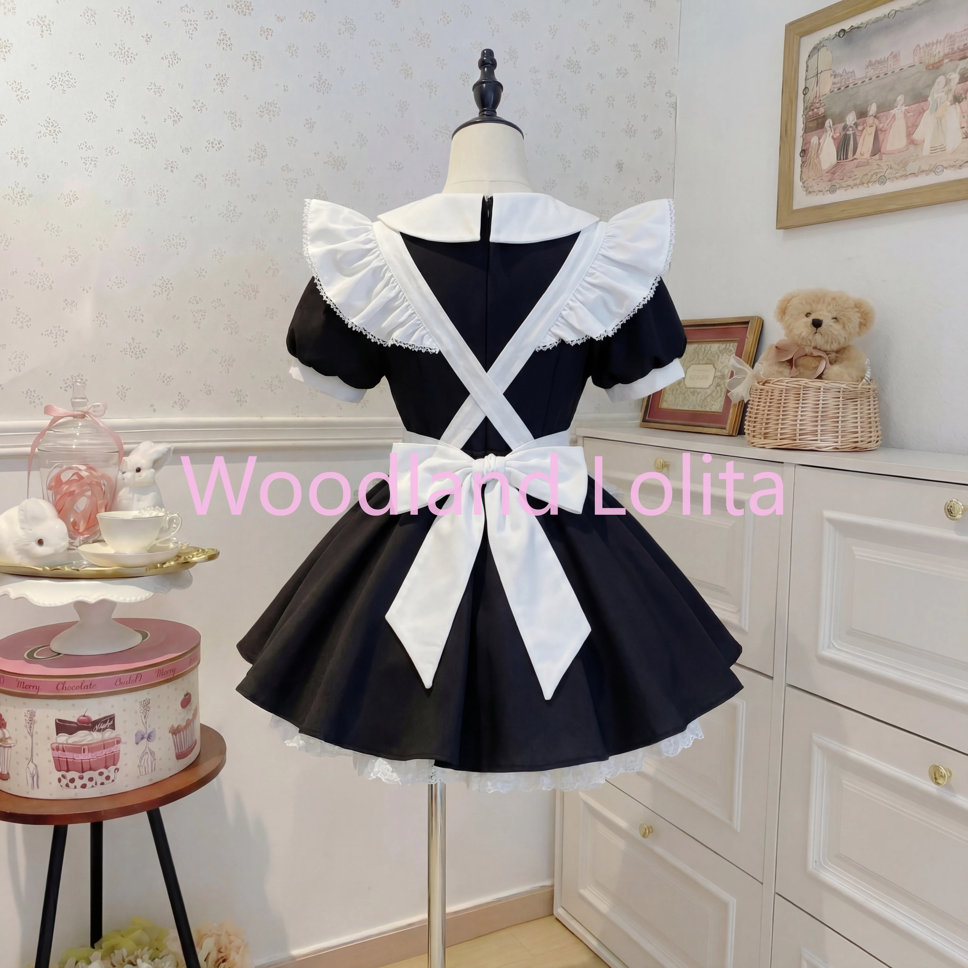 Classical Blue Lolita Anime Maid Cosplay Costume Kawaii Comic Con Dress Up Black Short Sleeved Lolita Set Party Women Outfit image 3