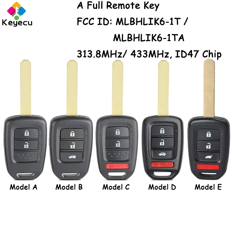 

KEYECU Remote Car Key With 2 3 4 Buttons 313.8MHz 433MHz ID47 Chip for Honda Accord Civic CR-V HR-V Fob MLBHLIK6-1T MLBHLIK6-1TA