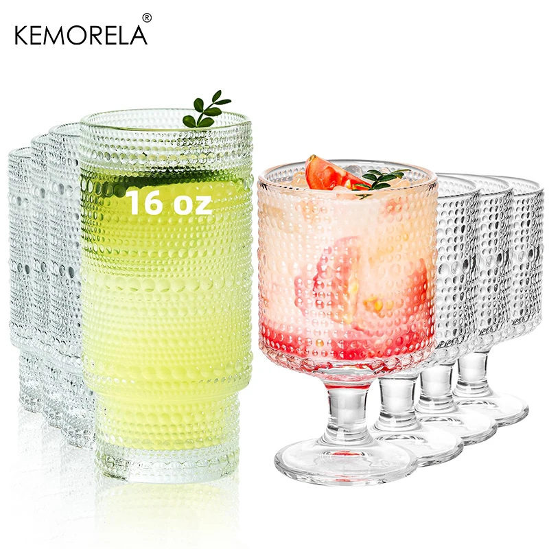 

8PCS Vintage Drinking Glasses Hobnail Glassware Includes 8/16 Oz Goblet Wine Glasses Perfect for Beverages Beer Cocktail Whiskey