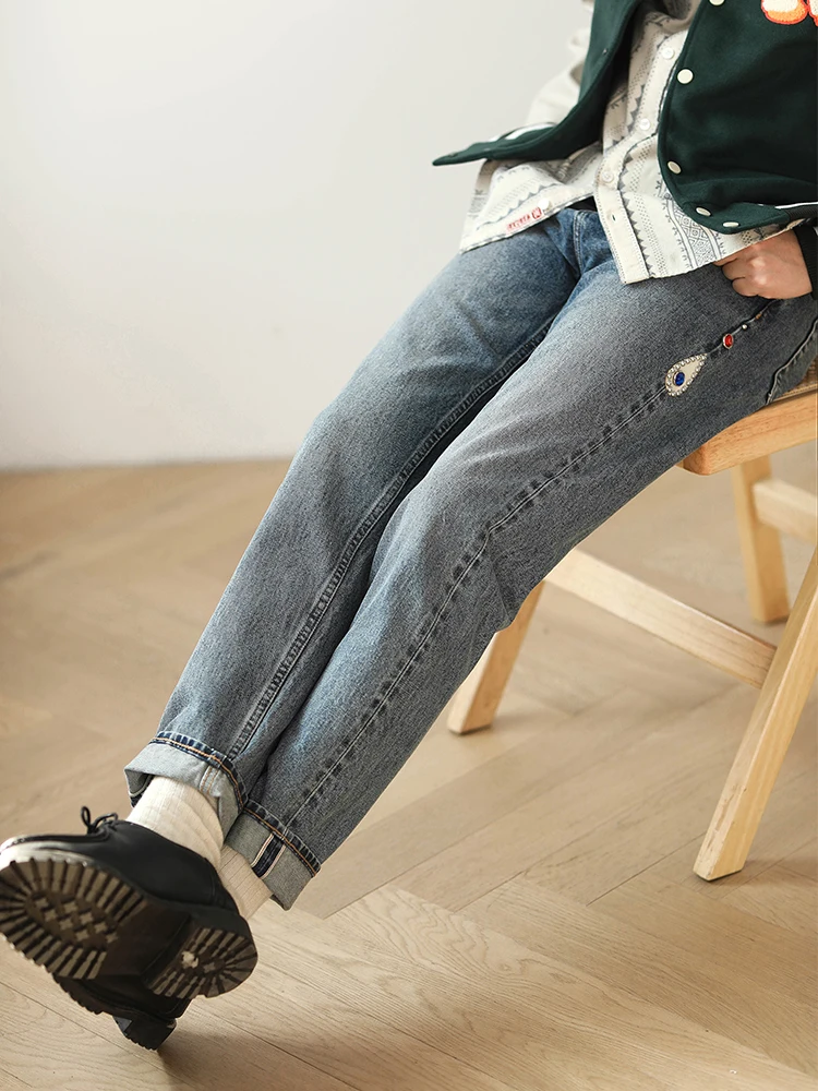 

Sandy Blue Waed Rivet Embedded Diamond Roabilly Jeans Slim Fit Mbbcar Narrow Width Small Calf Denim Pants Youth Casual Co...