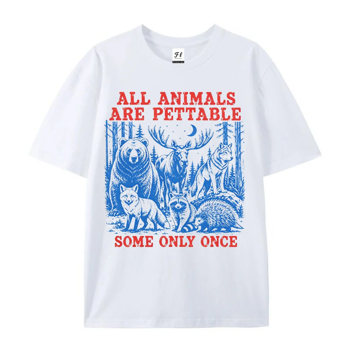 All Animals Are Pettable Graphic T-Shirt Retro Forest Animal Print Short Sleeve Tee Casual Loose Fit Tops for Men Streetwear