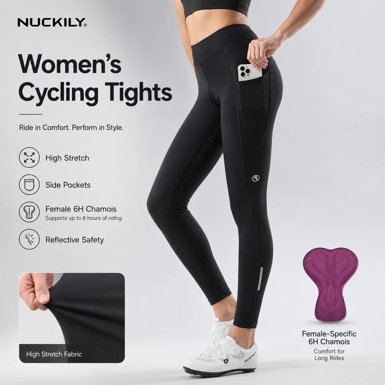 

NUCKILY Women Cycling Pants Padded Bike Tights High Waist Bicycle Leggings Side Pockets Reflective Breathable Quick Dry