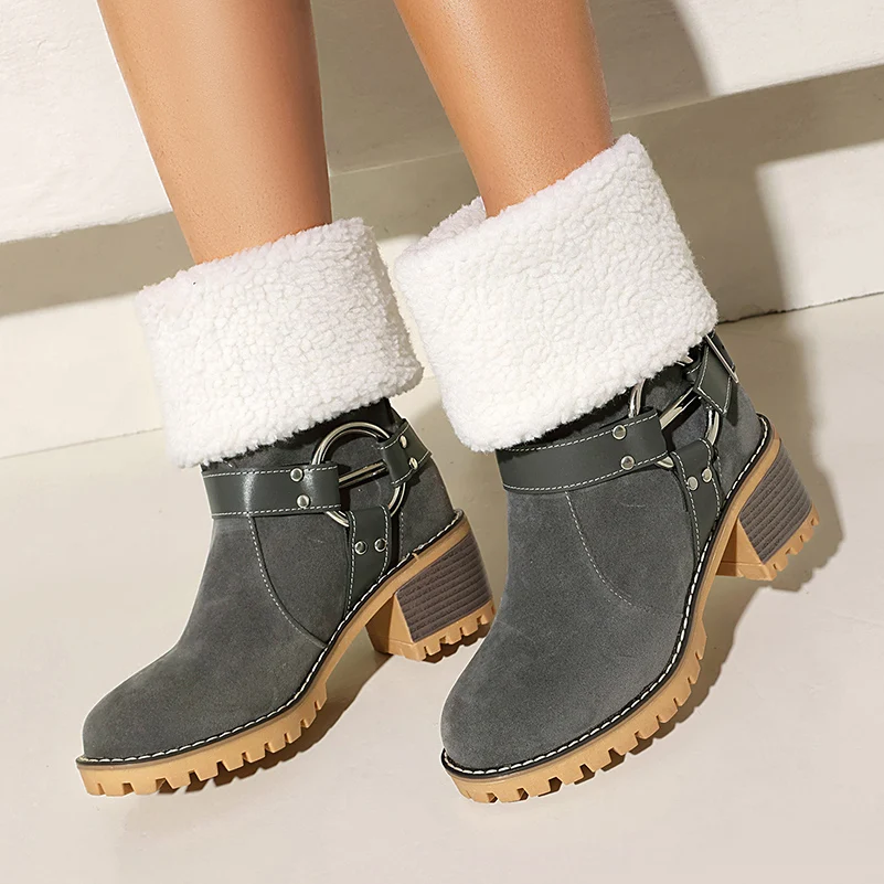 Triangular Circular Metal Buckle Rivets Turned Over Lamb Fleece Lining Retro Snow Boots Wood Grain Thick Heel Slip on Boots