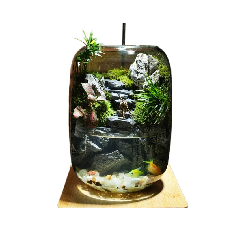 Stone cliff flowing water fish tank real plant moss micro landscape ecological bottle ornament