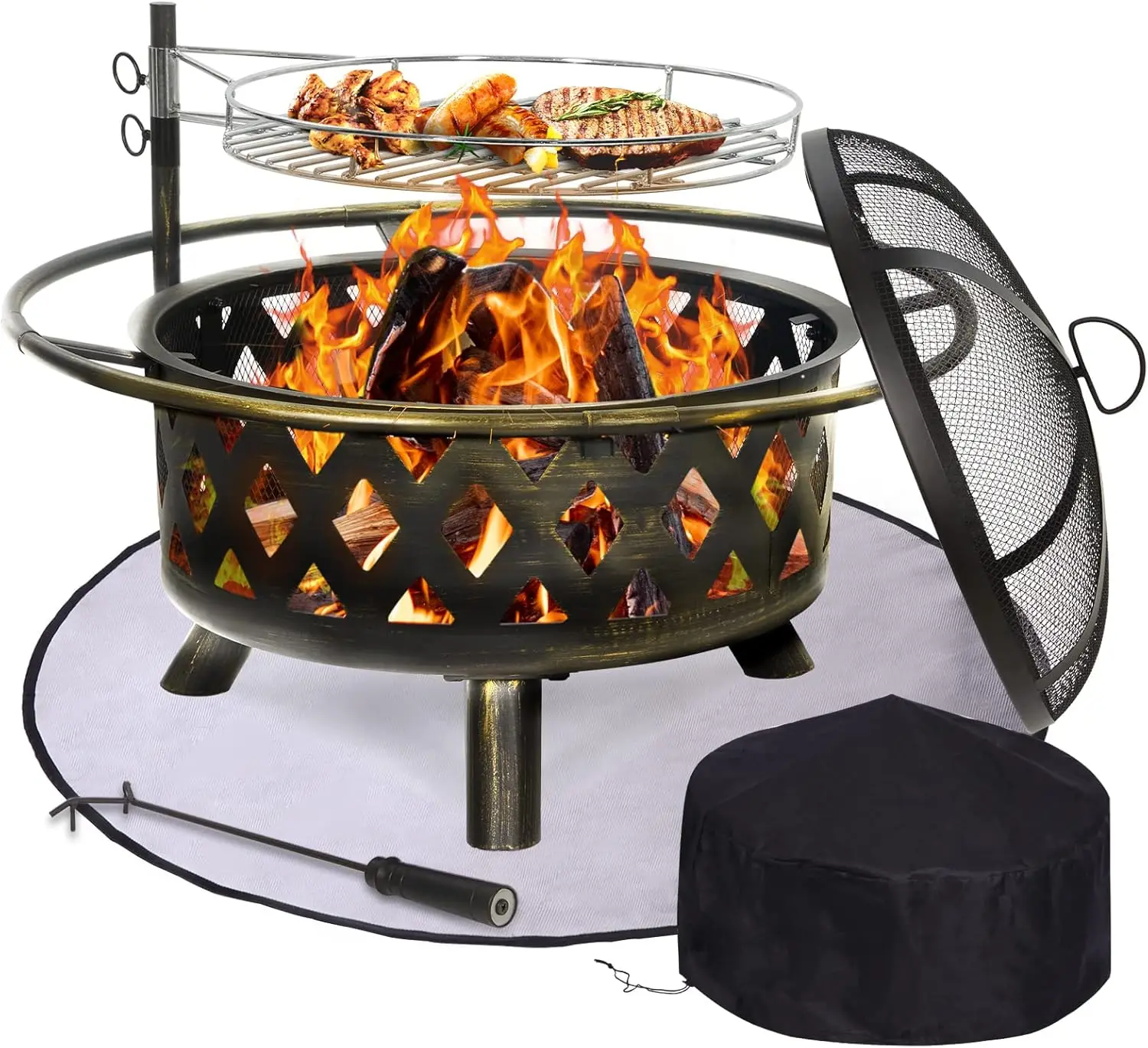 

Fire Pit for Outside 30 Inch with Cover &Mat Outdoor Wood Burning Firepit Large Steel Firepit Bowl with Removable Cooking Swivel