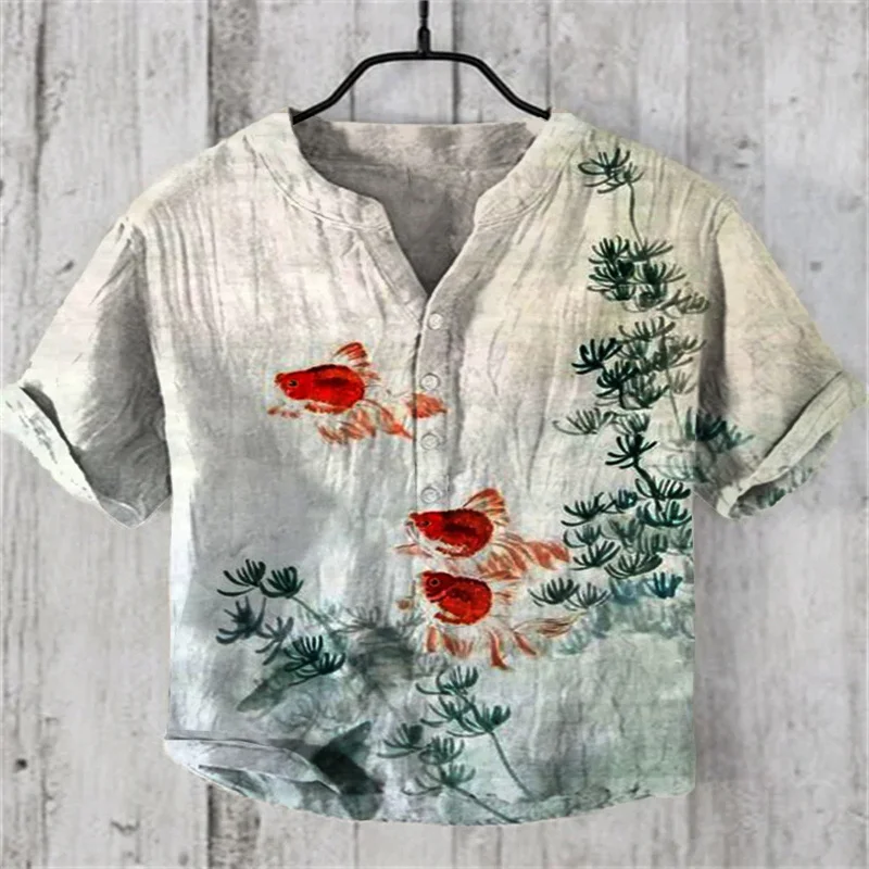 Etnische Casual Tribal Heren Shirt Henry Shirt Dagelijkse Vakantie Zomer Lente Chinese Stijl V-Hals Korte Mouw Comfortabel En Zacht