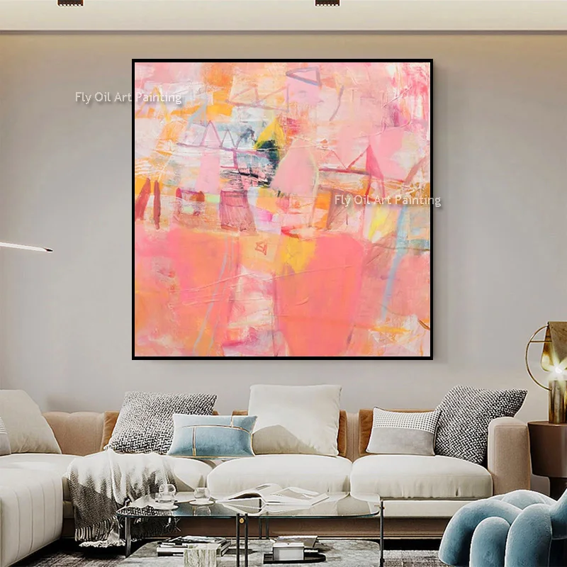Heavy Impasto Large Canvas Scenery Oil Painting Hand Painted Dreamy Pink Sky Wheat Field Artwork Living Room Home Decor Items