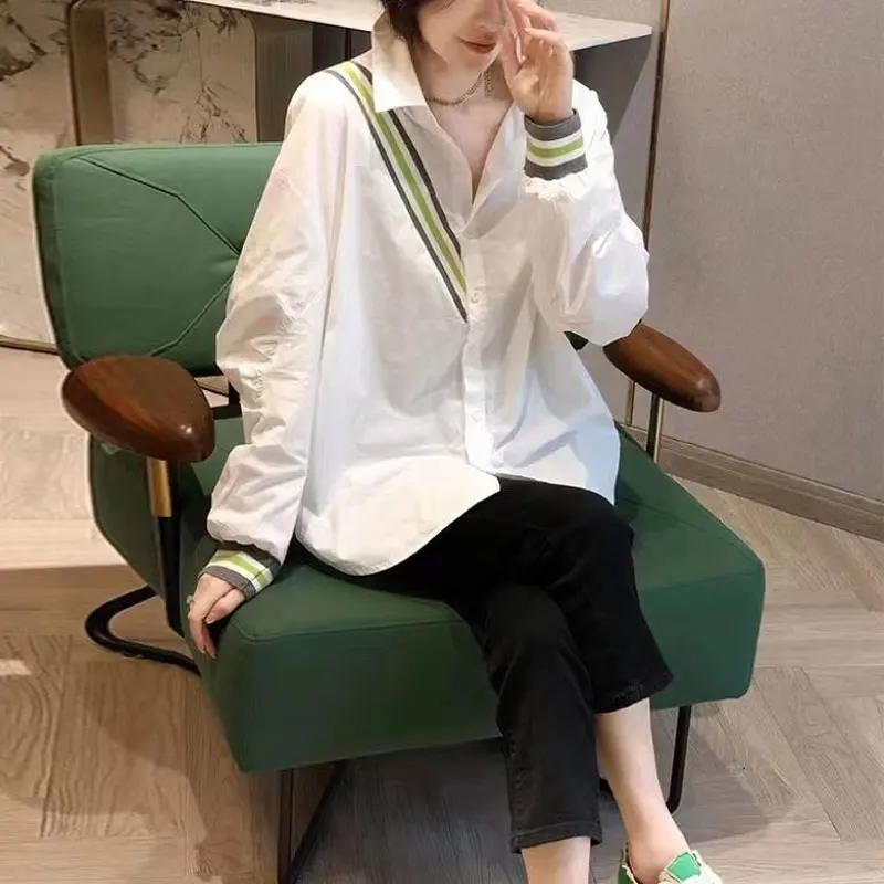 

Spring Autumn Long Sleeve Streetwear Stylish Single-breasted Female Clothing Polo-Neck Blouse 2025 Casual Striped Spliced Shirt