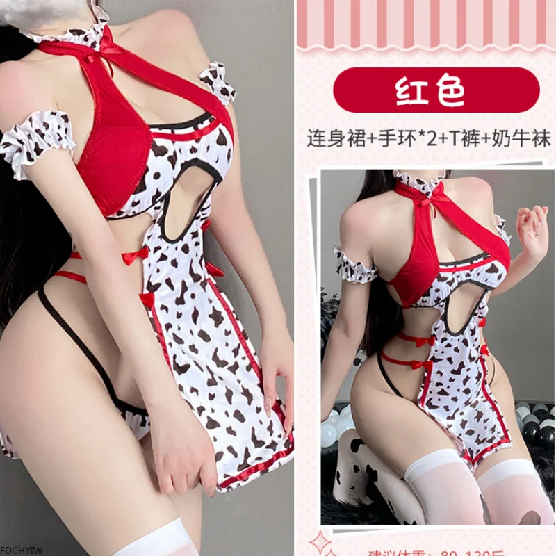 Sexy Cow Girl Maid Uniform Lolita Costume Hollow Out Lingerie Set Naughty Cosplay Anime dress Role Play Bed Temptation+Stockings