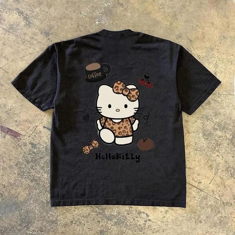 

Футболка Sanrio Hello Kitty с короткими рукавами, женская модная повседневная летняя одежда с героями мультфильмов, модная повседневная летняя одежда в стиле Instagram, женская одежда, топы, футболки