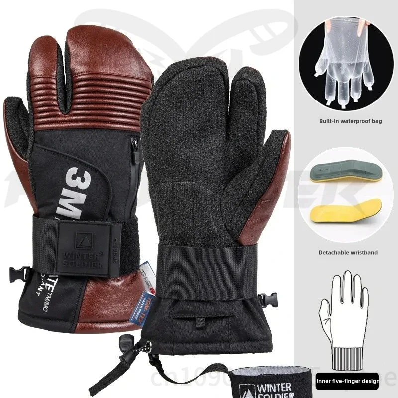 Snowboard Ski Gloves Professional Thermal Waterproof Wrist Guards  Snowmobile Cycling Leather 3M Cotton Skiing Gloves  Men Women