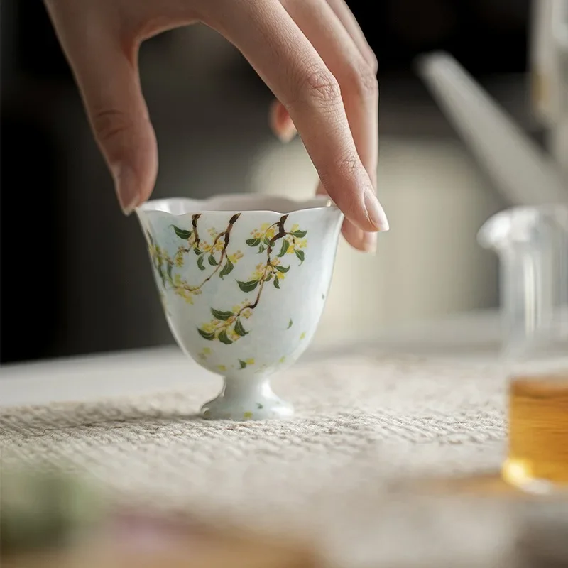 

Qingshan Blue Hand-painted Gui Ying Nongyue Flower Mouth High-footed Teacup Chinese Kung Fu TeaSet Gift Household Ceramic TeaCup