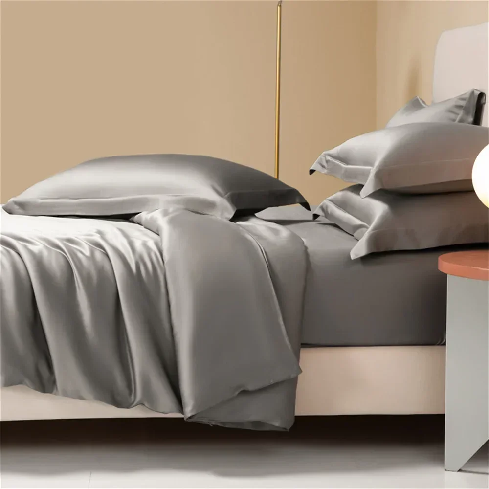 Liv-Esthete Summer Dark Gray 100% Silk Bedding Set Queen Kinig  Duvet Cover Pillowcase Bed Sheet Bed Cover Set For Sleep Gift