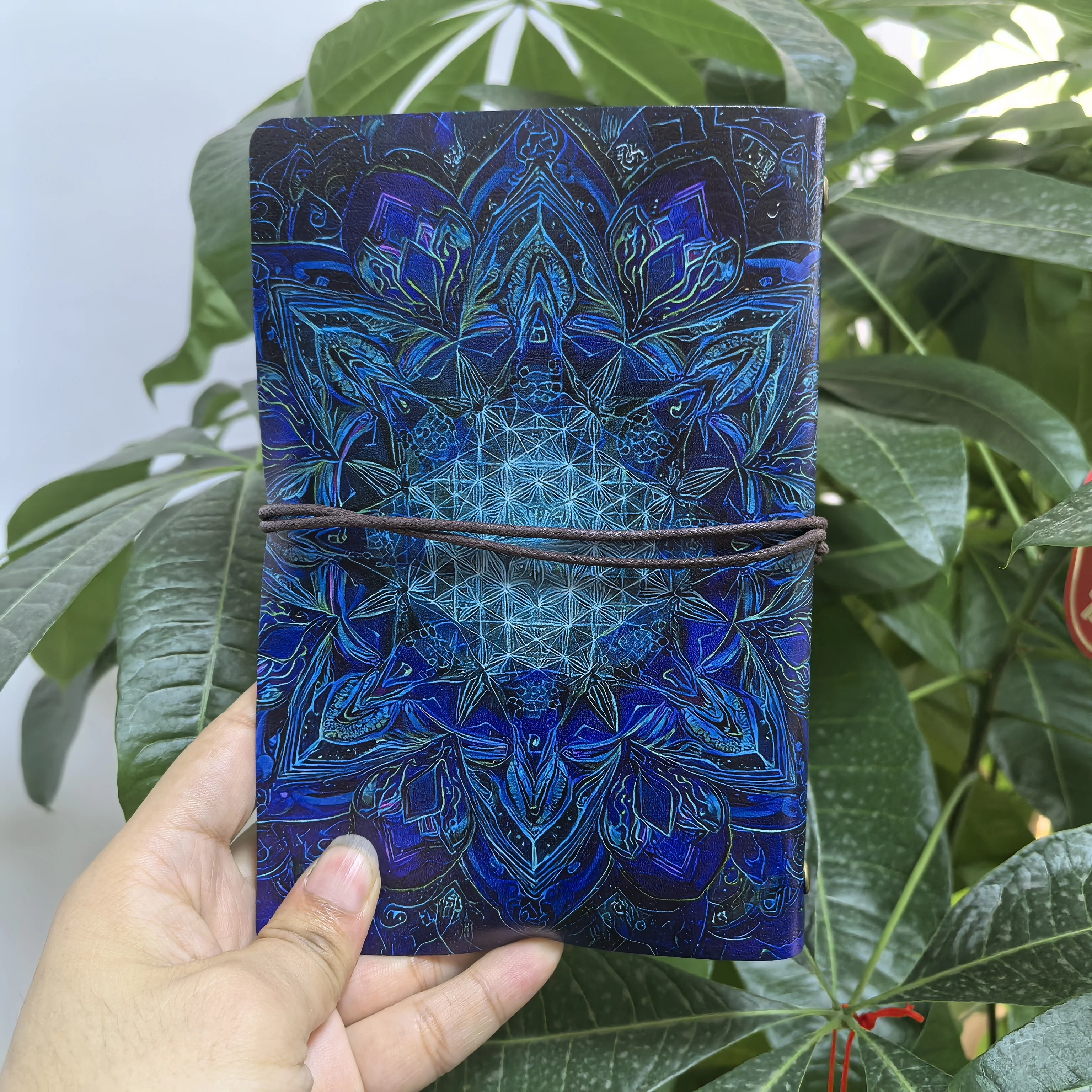 Mystical Blue Mandala Sacred Geometry Leather Journal, Retro Boho Travel A6 Notebook, Witchcraft Wicca Stationery Gift，Spiritual