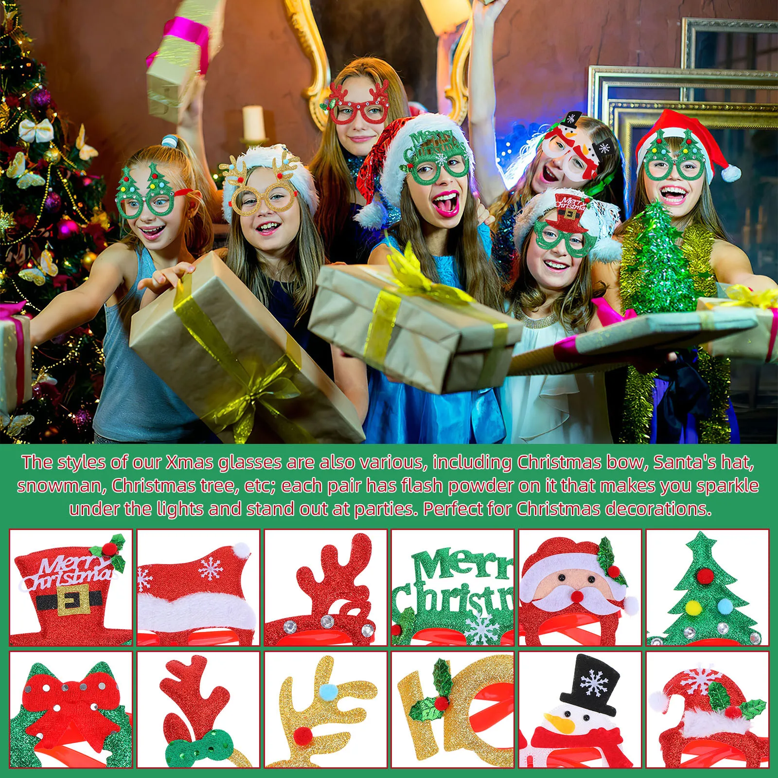 

12Pcs Xmas Party Glasses Christmas Eyewear Reusable Plastic Glasses Frames Photo Booth Props Festive Favors Party Eyeglasses