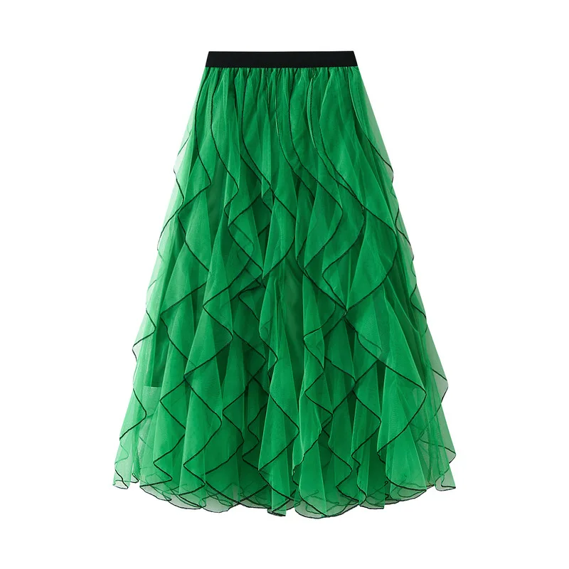 

Autumn New Wave Pattern Fairy Mesh Ruffle Edge High Waist A-Line Large Swing Long Women's Half Skirt 0961