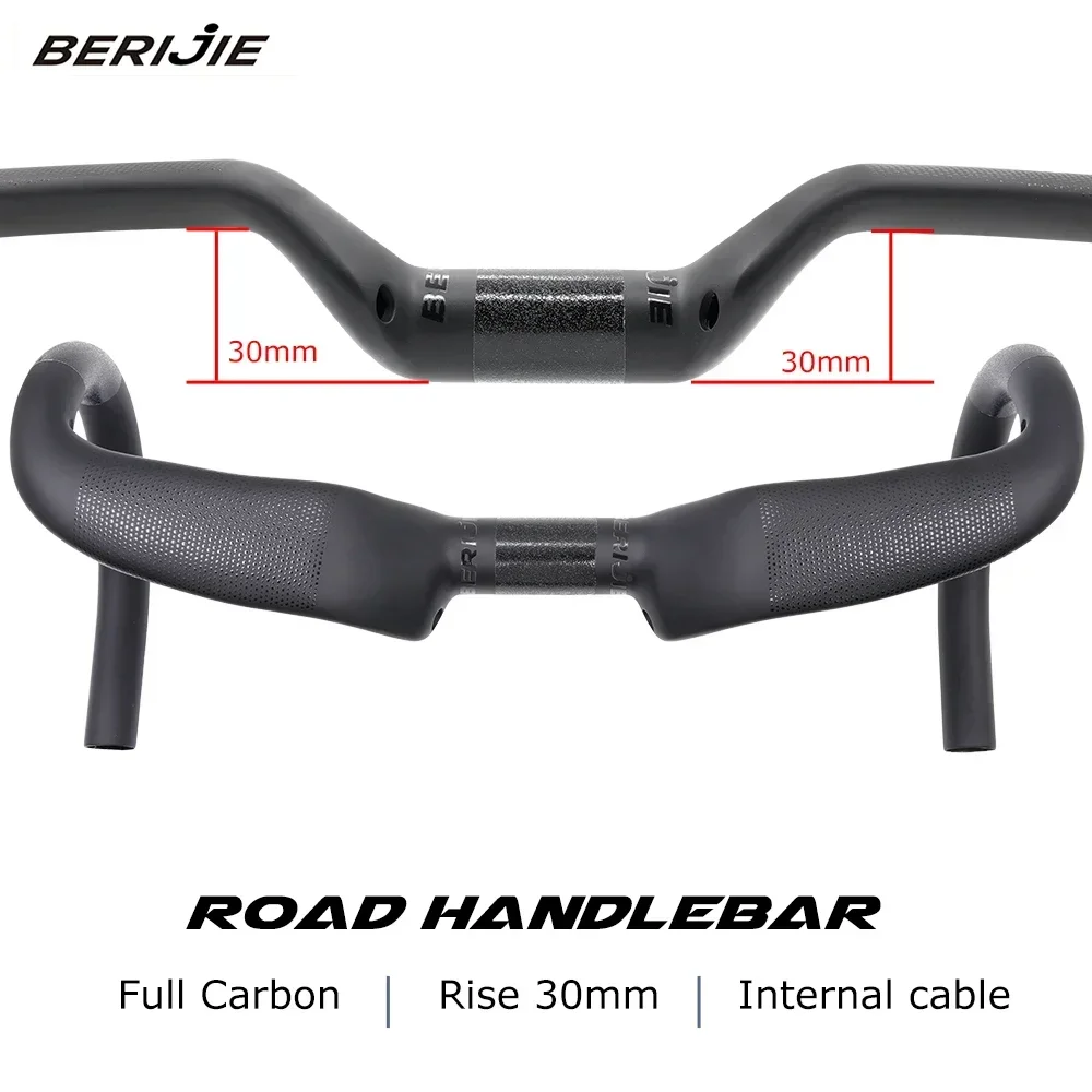 BERIJIE Full Carbon Road Handlebar Internal Cable Drop Lift Gravel Cockpit Rise 30mm Width 400mm/420mm/440mm Black Matte