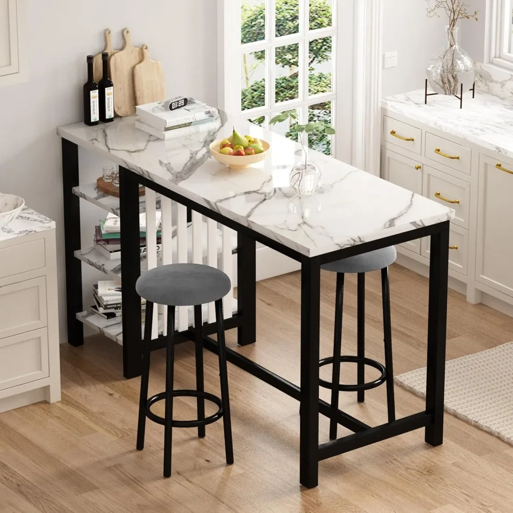 

Kitchen Furniture Bar Height Table and Chairs for 2 People, 4-Tier Compact Dining Room Table, White Faux Marble Top and 2 Grey