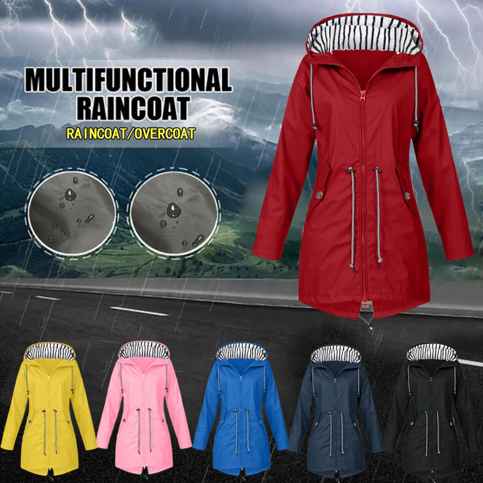 

Womens Waterproof Raincoat Casual Basic Outdoors Trench Lightweight Drawstring Jackets Hiking Clothes for Women