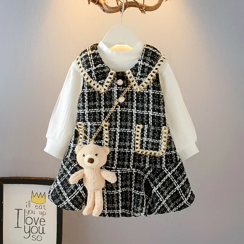 Menoea Girl Baby Elegant Plaid Dresses Kids Party Princess Autumn Costumes Fashion Long Sleeve Sweet Tweed Clothes With Bear Bag