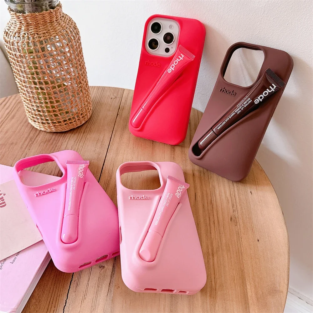 Rhode Hailey Lipstick Holder Liquid Silicone Phone Case for IPhone 15 16 13 14 12 11 Pro Max Plus 3D DIY Lip Gloss Ins Cover