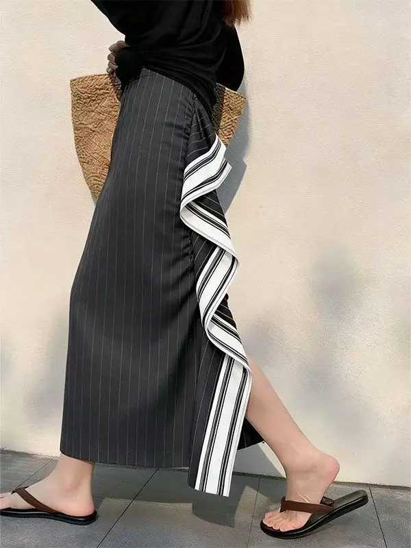 Lotus Leaf Splicing Gray Striped Back Split Skirt Women's Design Sense High Waist Straight Skirt