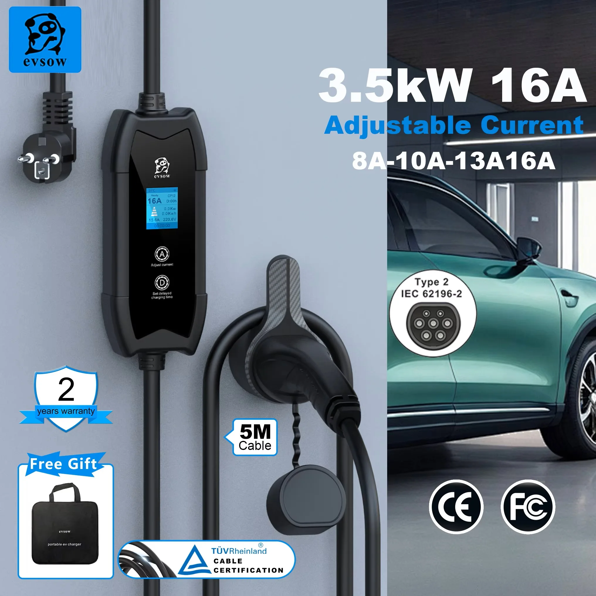 

evsow 3.5KW Portable EV Charger Type2 16A 1P Electric Car Charger Adjustable Current&Set Charging Time For IEC 6219-2 EV Car