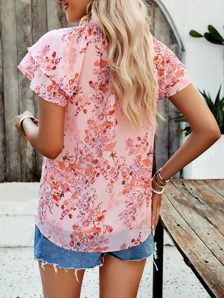 Florale Chiffon-Bluse für Damen, Vintage-Boho-Tops, weiblich, Sommer, lässig, kurzärmelig, Damen, elegante T-Shirts, Hemden und Blusen