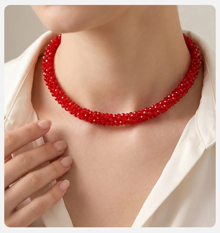 VNOX Übertriebene Retro-Halsketten mit gewebten Perlen für Frauen, handgefertigte schwarz-weiß-rote Kristallperlen-Halskette, böhmischer Schmuck – Detail 4