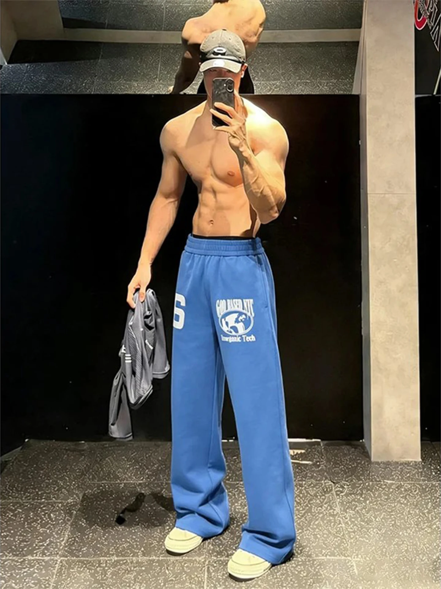 

Blue Floing Print Embroidery Wide Leg Pants Men's Lazy Sle Sports Trousers American Cool Knife Pants Casual High Waist