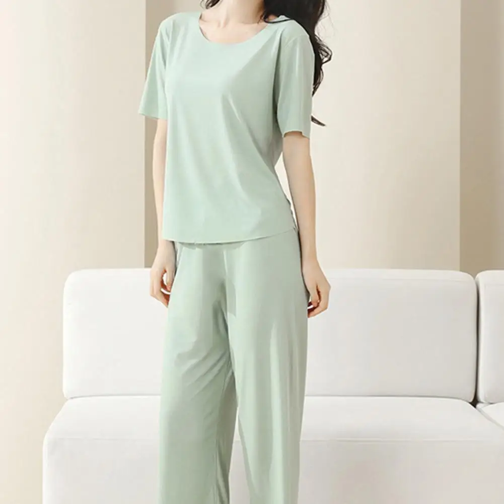 Women Pajama Set Pajama Set Womens Ice Silk Pajamas Set 2-piece Short Sleeve Crewneck T-shirt Long Pants Sleepwear Soft