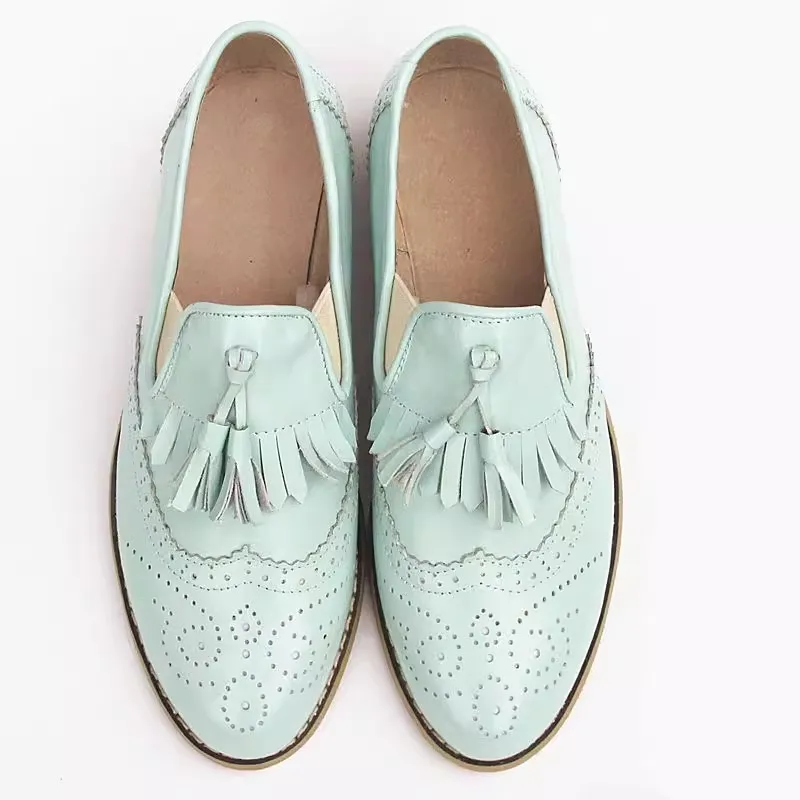 Vintage Oxfords Large Size 46 Women\'s Single Shoes Flats Casual Shoes Women\'s Spring Autumn Genuine Leather Tassel Loafers