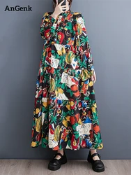 2025 Spring Autumn New Patchwork Vintage Print Dresses For Women Long Sleeve Loose Casual Midi Dress Fashion Elegant Clothing