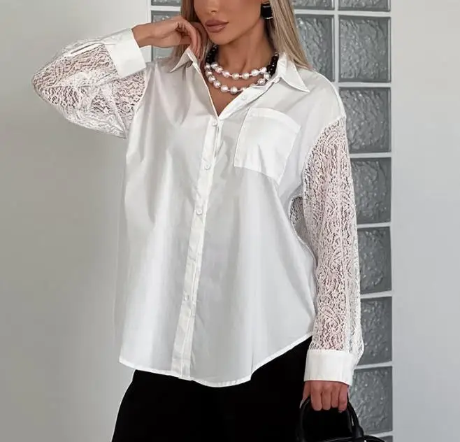 

Women's Elegant Sexy Blouses 2026 Spring New Lace Splicing Hollow Back Design with Long Sleeve Collar Commuting Shirt for Women