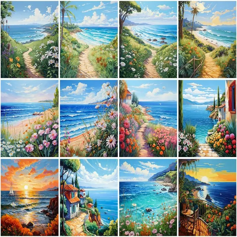 

CHENISTORY DIY Pictures By Number Flowers Kits Drawing On Canvas Painting By Numbers Sea Landscape HandPainted Gift Home Decor