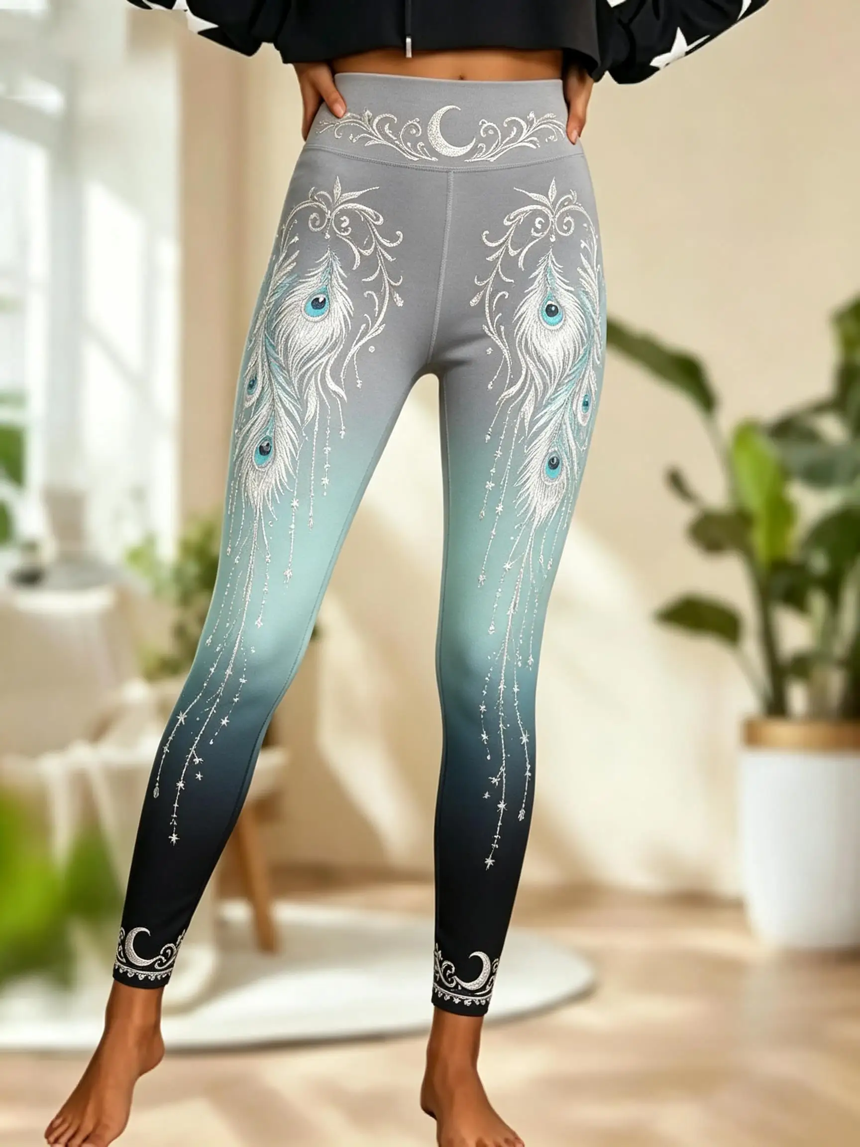 Women Fleece‑lined Mid‑rise Leggings Ombre Gradient Peacock Feather Golden Moon Star Tribal Border Print Slim Stretch Pants