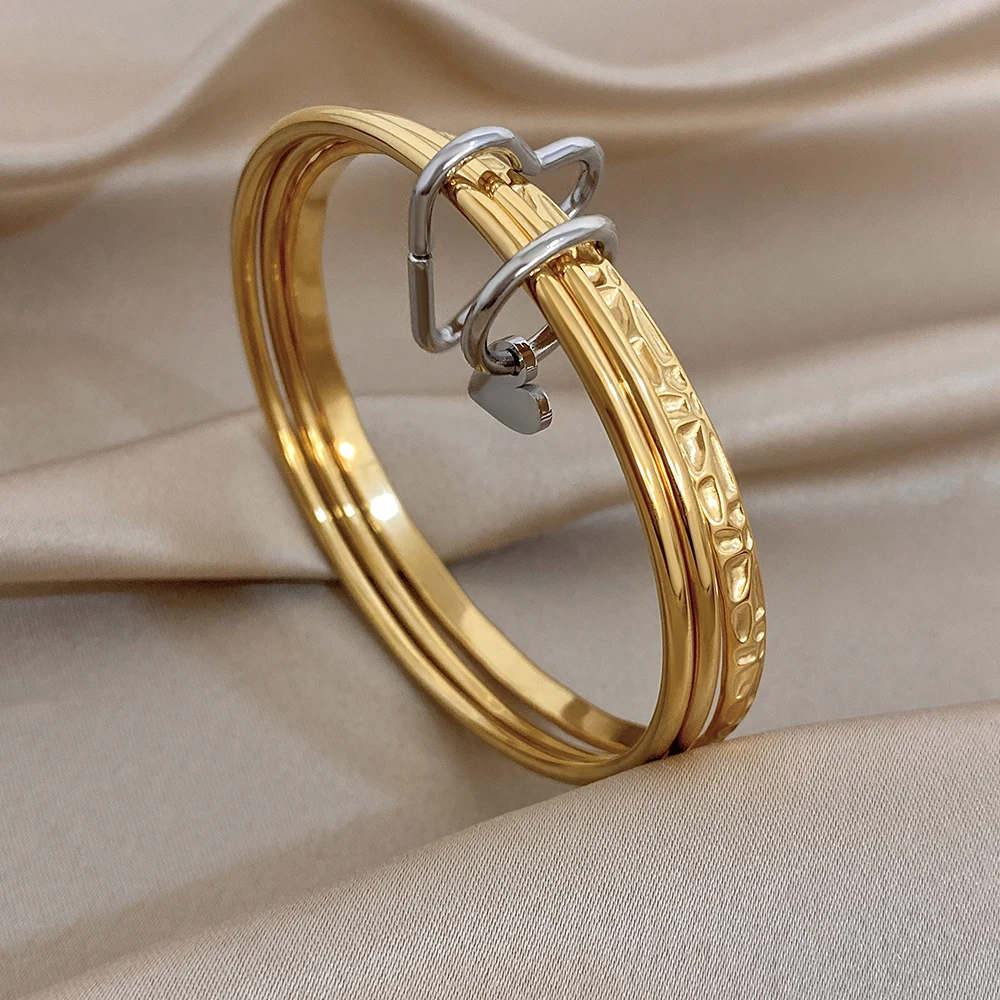 Creative Stainless Steel Multi Layer Stackable Bracelet Women Minimalist Heart Pendant Charm Bangle Jewelry Gift Accessories