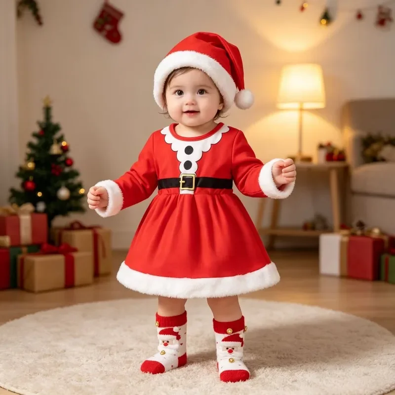 Newborn Infant Baby Girls Red Santa Romper Dress White Fleece Trim Long Sleeve Party Costume with Hat Girls Clothes