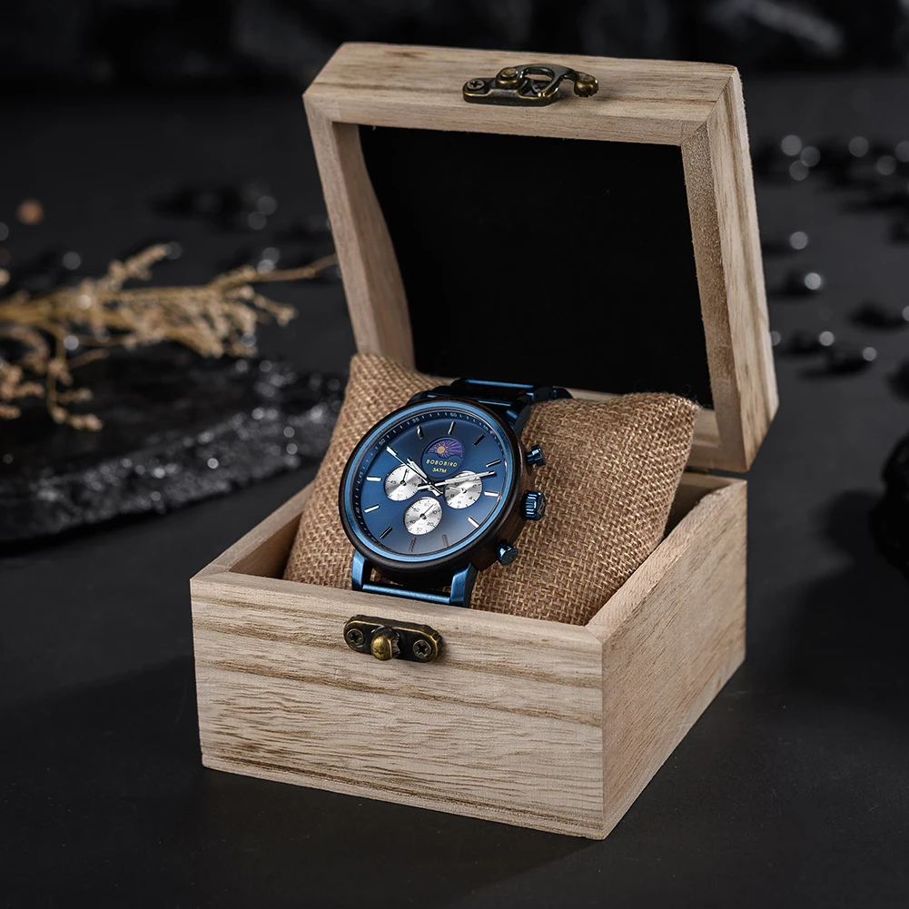 BOBO BIRD Watch for Men Top Brand Moon Phase Chronograph Wooden Watches Luxury Sports Quartz Movement montre homme