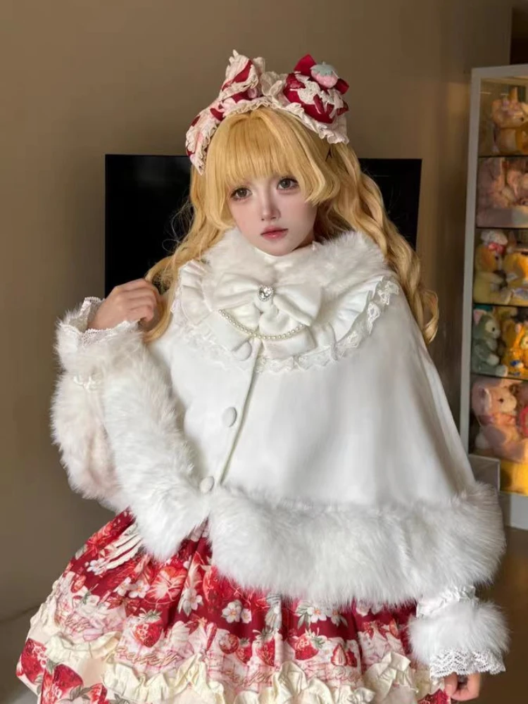 Japanese Lolita Shawl Overcoat Women Kawaii Design Sweet Princess Bow Fur Collar Coat Winter New Chic Patchwork Loose Warm Coat