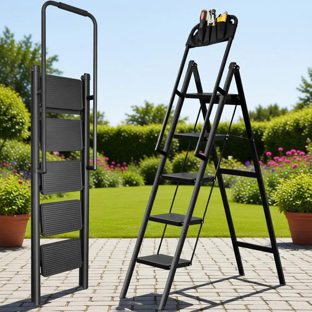 

Heavy-Duty 5-Step Ladder with Removable Tool Bag, Supports 330lbs, Easy Storage for Kitchen/Closet Use