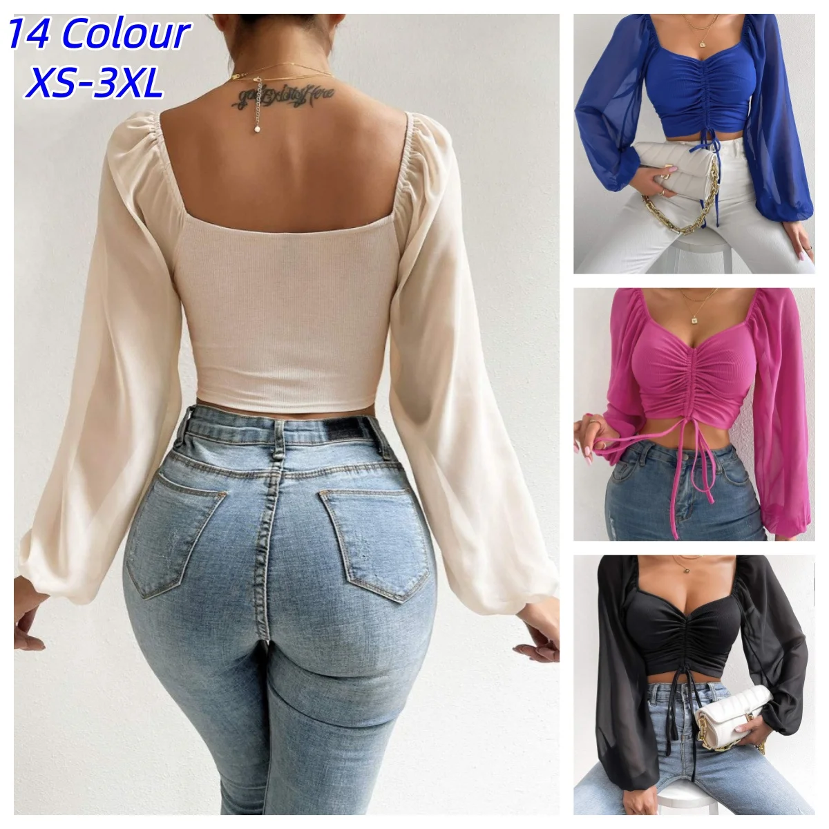 T-shirt court à manches transparentes avec cordon de serrage sur le devant pour femme, col plongeant, manches longues, en tricot côtelé, chemisier froncé, haut sexy, tenue printemps-été