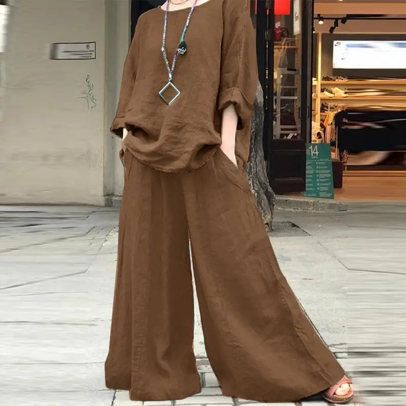 Abito casual in cotone e lino tinta unita da donna girocollo camicia a maniche lunghe pantaloni a gamba larga abito da donna allentato retrò autunnale in 2 pezzi