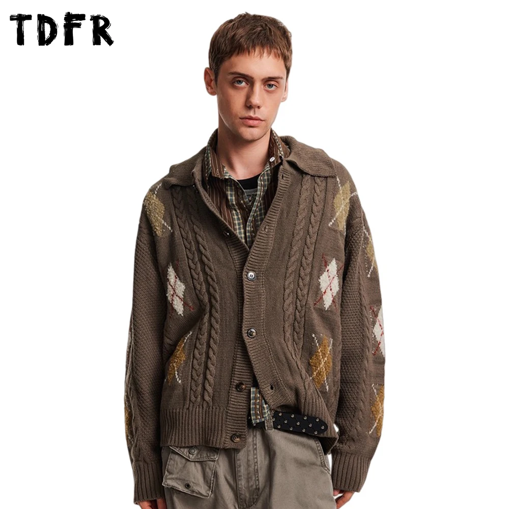 

Rhombus Plaid Knitted Cardigan Mens Retro Casual Autumn Winter Lapel Single Breasted Long Sleeve Sweatercoat Man