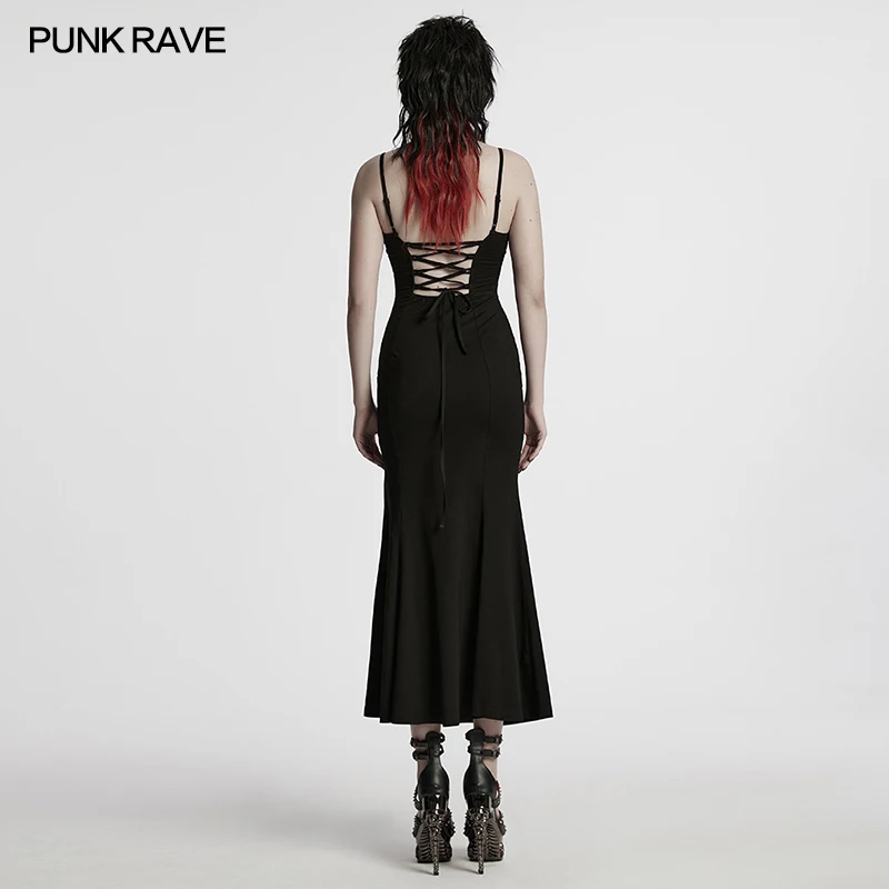 PUNK RAVE – robe Punk en tricot élastique pour femmes, maille asymétrique, Segmentation des dents pointues, Sexy, ajourée, robes foncées de Club