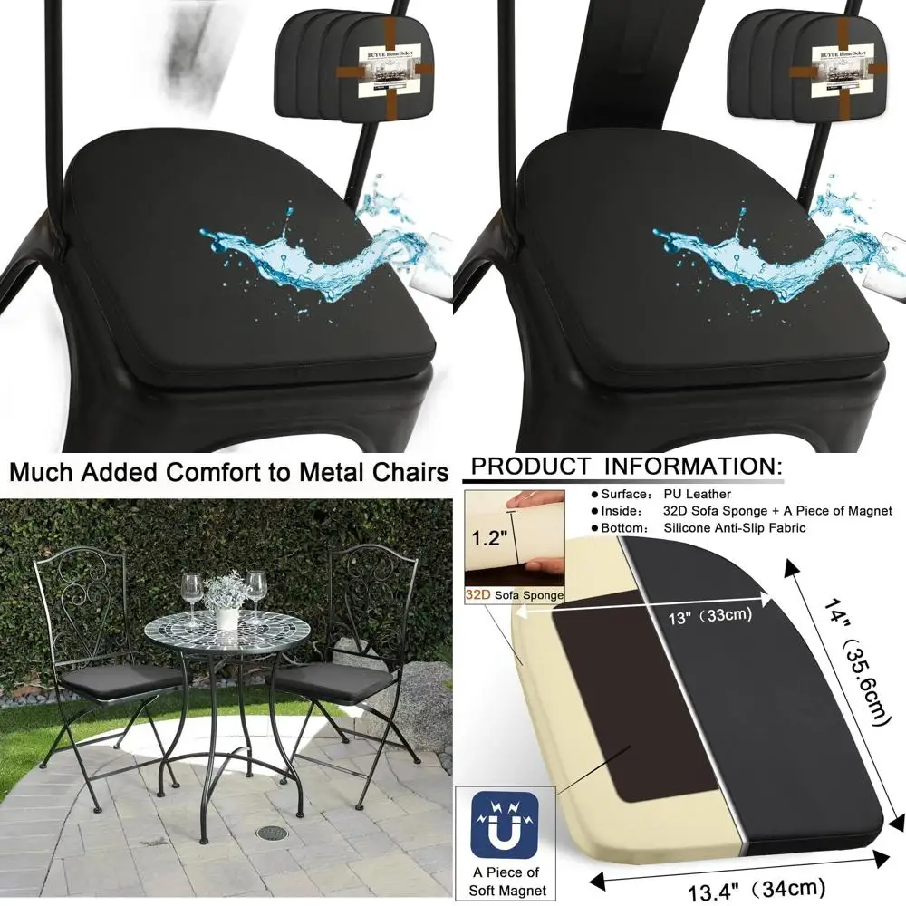

14 U-Shaped Black Metal Chair Cushions, Set of 4, Luxury PU Leather, Water Resistant, Anti-Slip Seat Pads for Kitchen, Cafe, Din