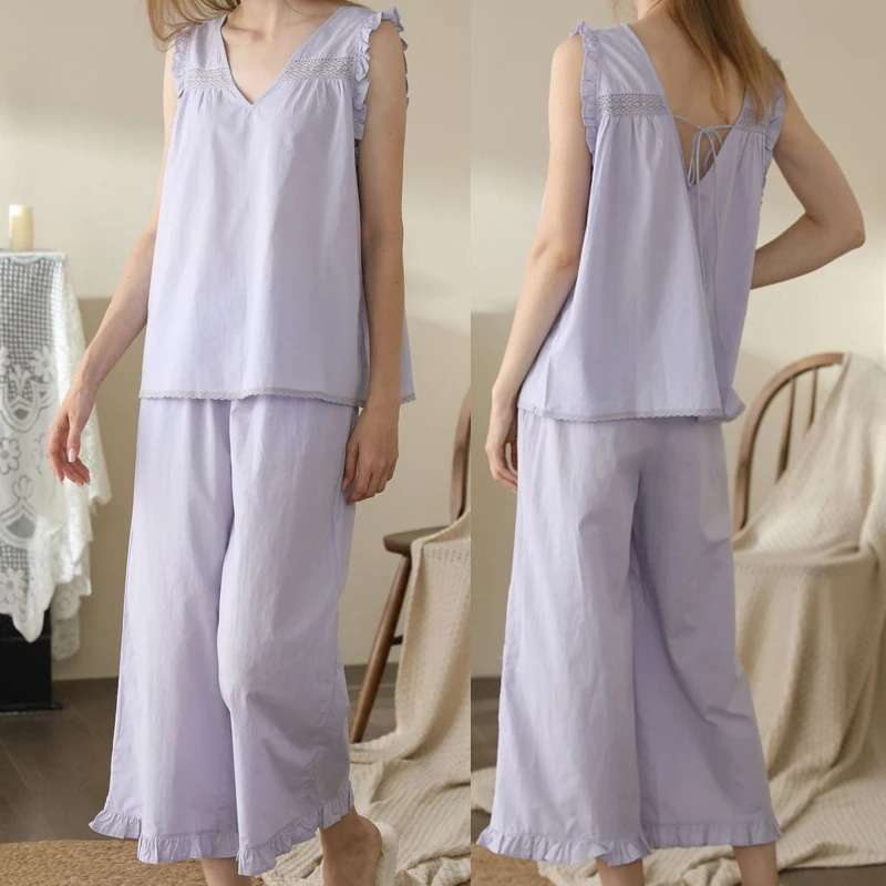 Women's French Princess Style Pajama Sets Sexy Back Lace Up Sleepwear 2 Piece Cotton Loungewear Set For Girls Ladies Home Wear