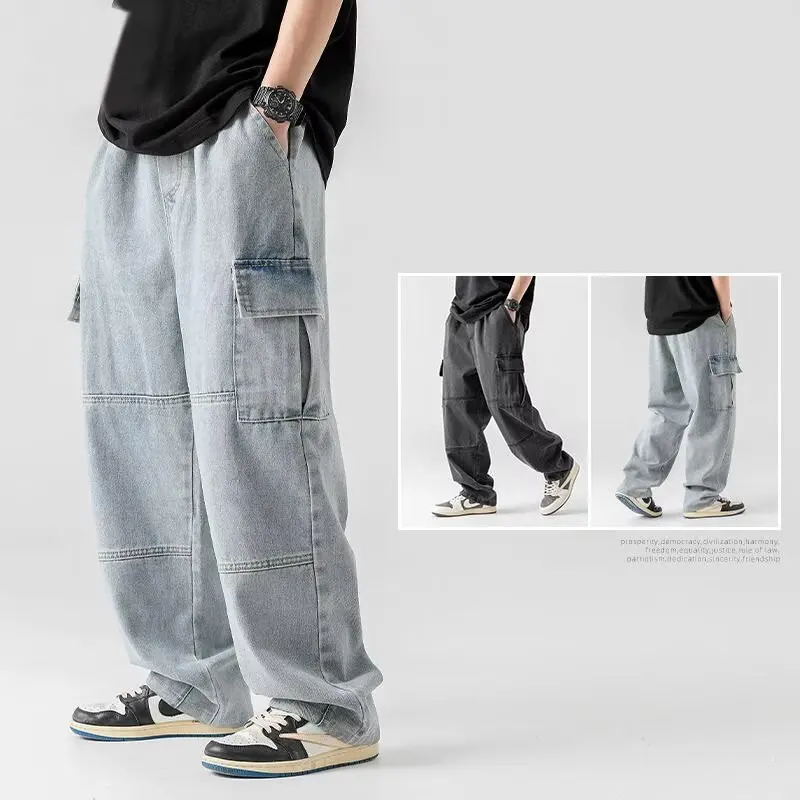 

Fashion Men HIP HOP Streetwear Vintage Washed Jeans Loose Straight Leg Wide Leg Cargo Pants Male Daily Casual Denim Trousers