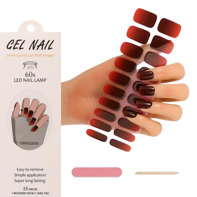20 Tips Semi-Cured Gel Nail Strips Long Lasting Work with Any UV Lamp DIY for Salon Manicure Sticker With Wooden stick&Nail File